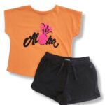 NATH Πορτοκαλί - Μπλε Σκούρο Σετ Κοντομάνικη Μπλούζα-Σορτσάκι Με Στάμπα